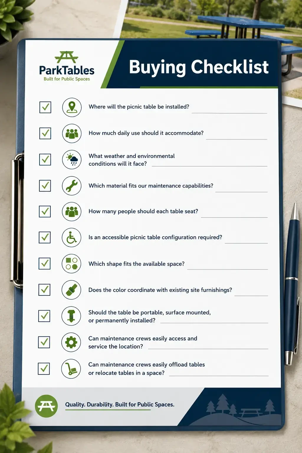 Commercial picnic table buying checklist covering location, materials, seating, accessibility, mounting, and maintenance.
